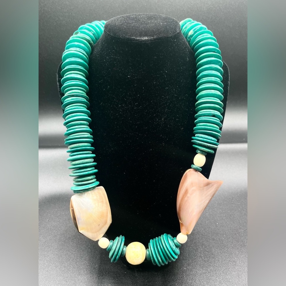 Vintage Wooden Hand Painted Beaded Necklace w/ Abalone Iridescent Stones